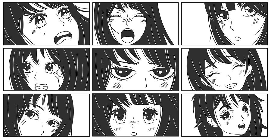 Manga kawaii expressions asian anime girls characters. Anime cute woman comic posters, vector illustration set. Japanese cartoon manga comic book