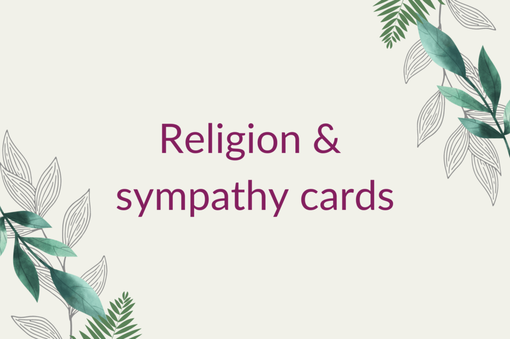 Purple text saying 'Religion & sympathy cards', surrounded by green foliage.