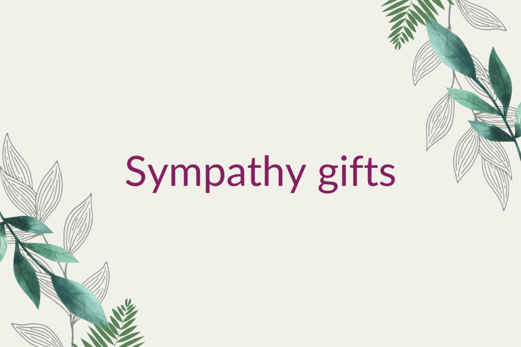 Purple text saying 'Sympathy gifts', surrounded by green foliage
