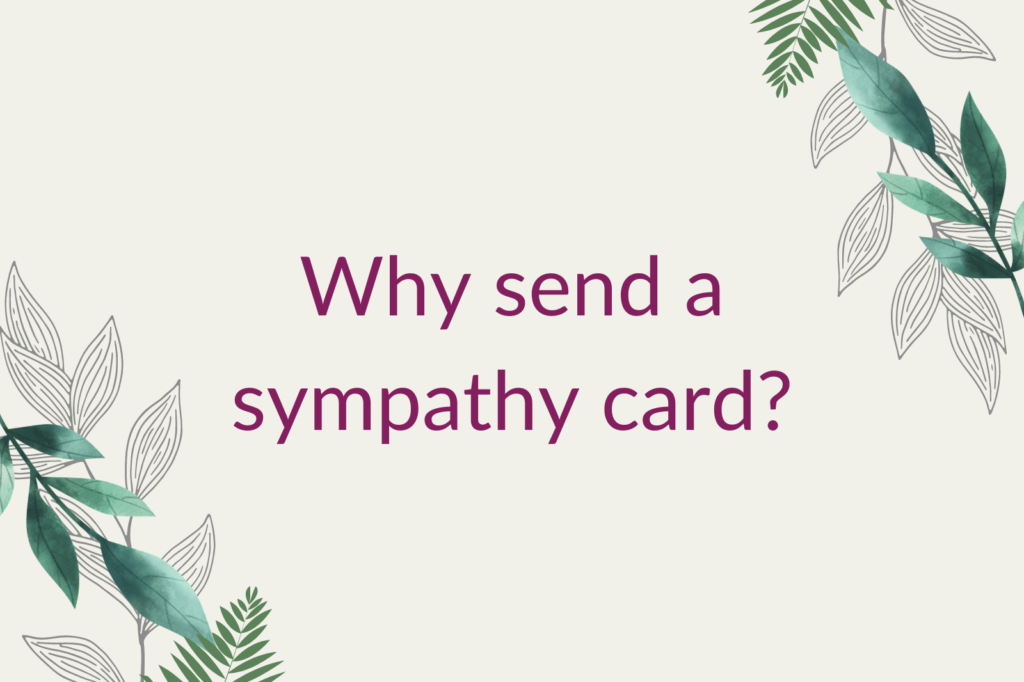 Purple text saying 'Why send a sympathy card?', surrounded by green foliage