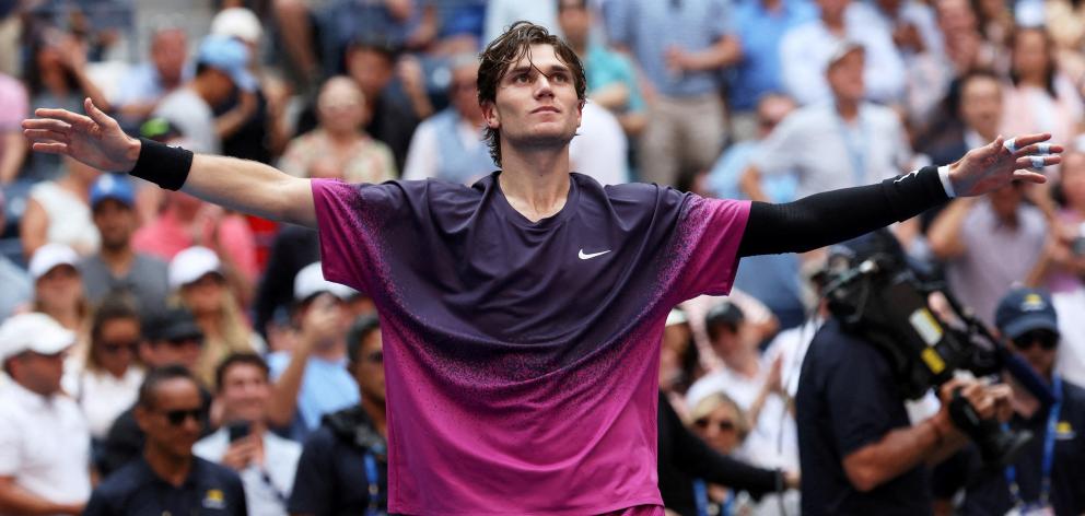 Jack Draper reacts after winning his quarter final match against Alex De Minaur. Photo: Reuters