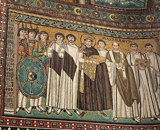 The mosaic of Emperor Justinian and Archbishop Maximianus with members of the clergy and soldiers.