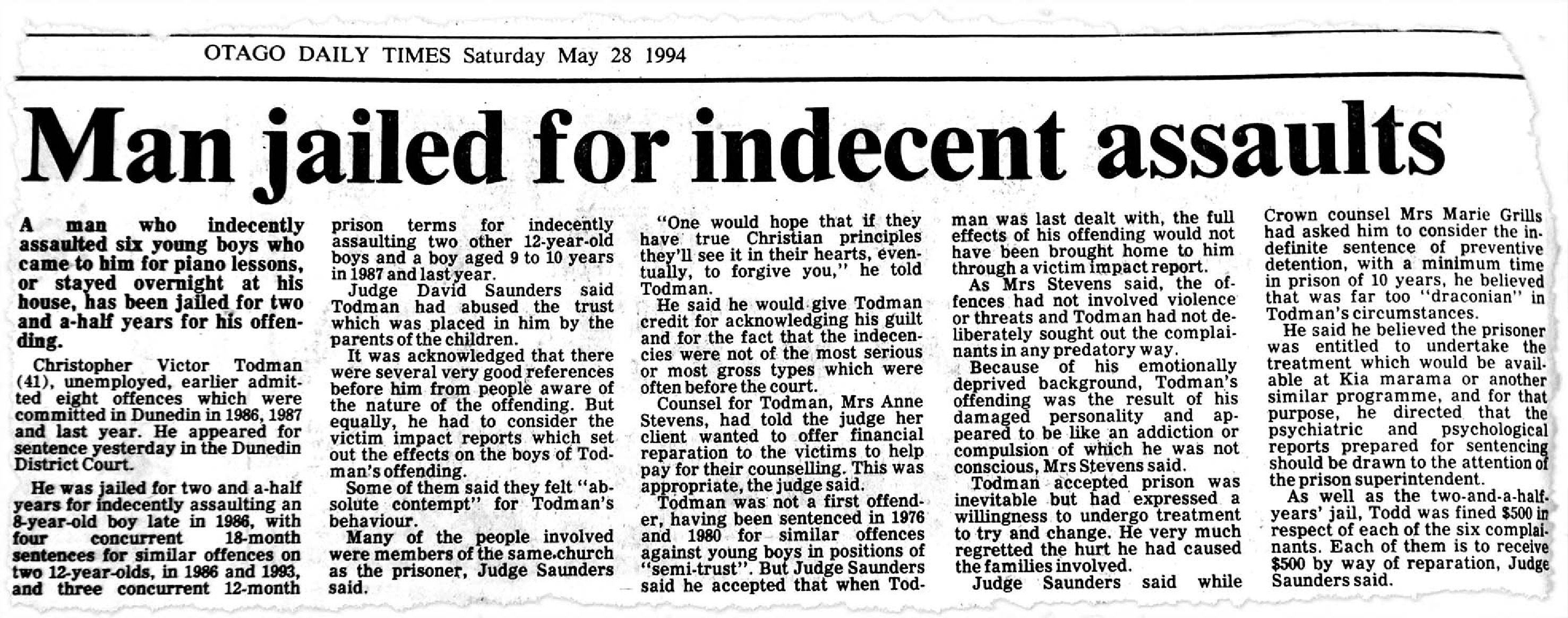 An ODT article from 1994 when Christopher Todman was sentenced for
...